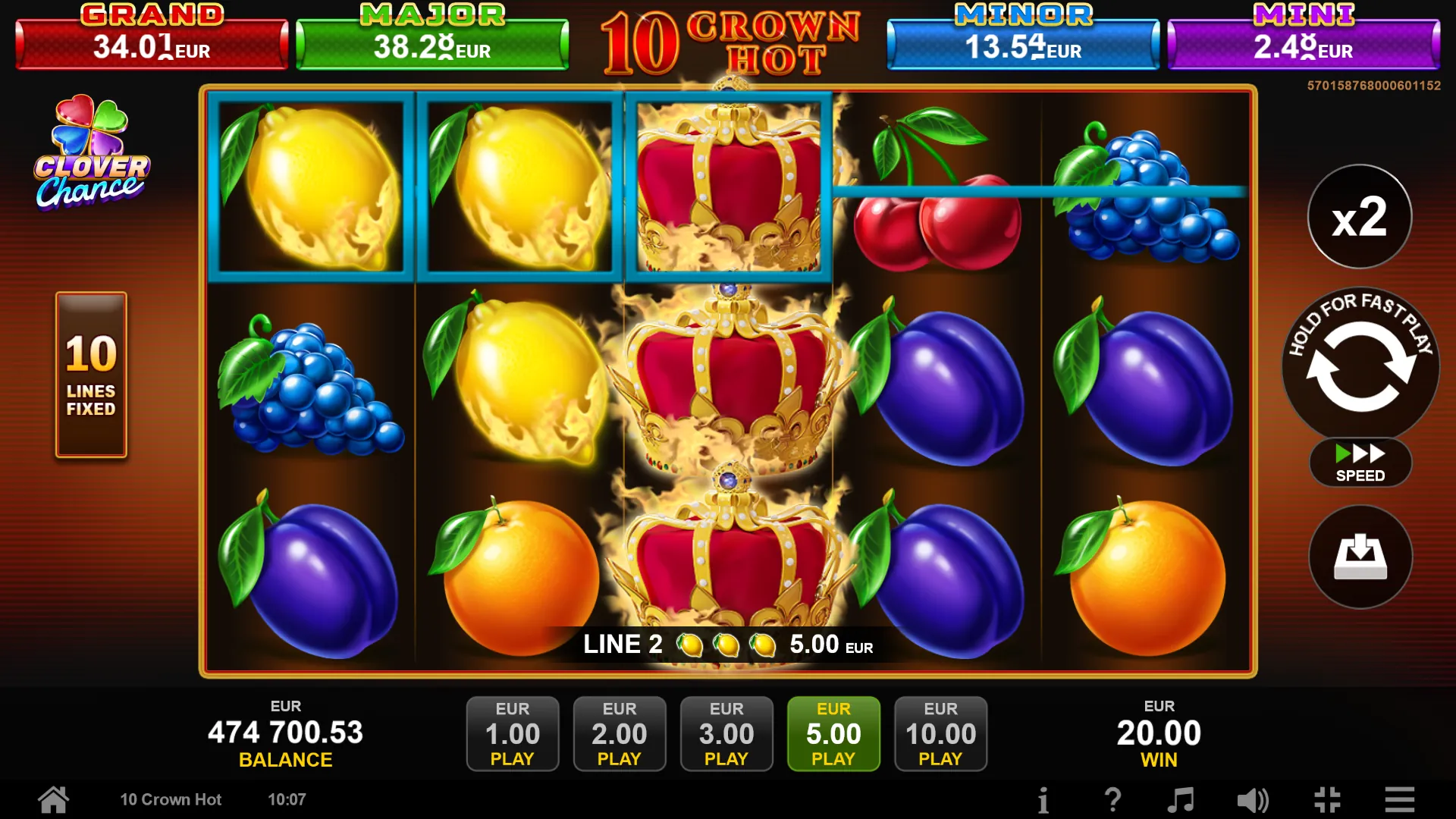 10 Crown Hot: Crowns wrapped in flames fill all three rows of reel three, and two lemons...