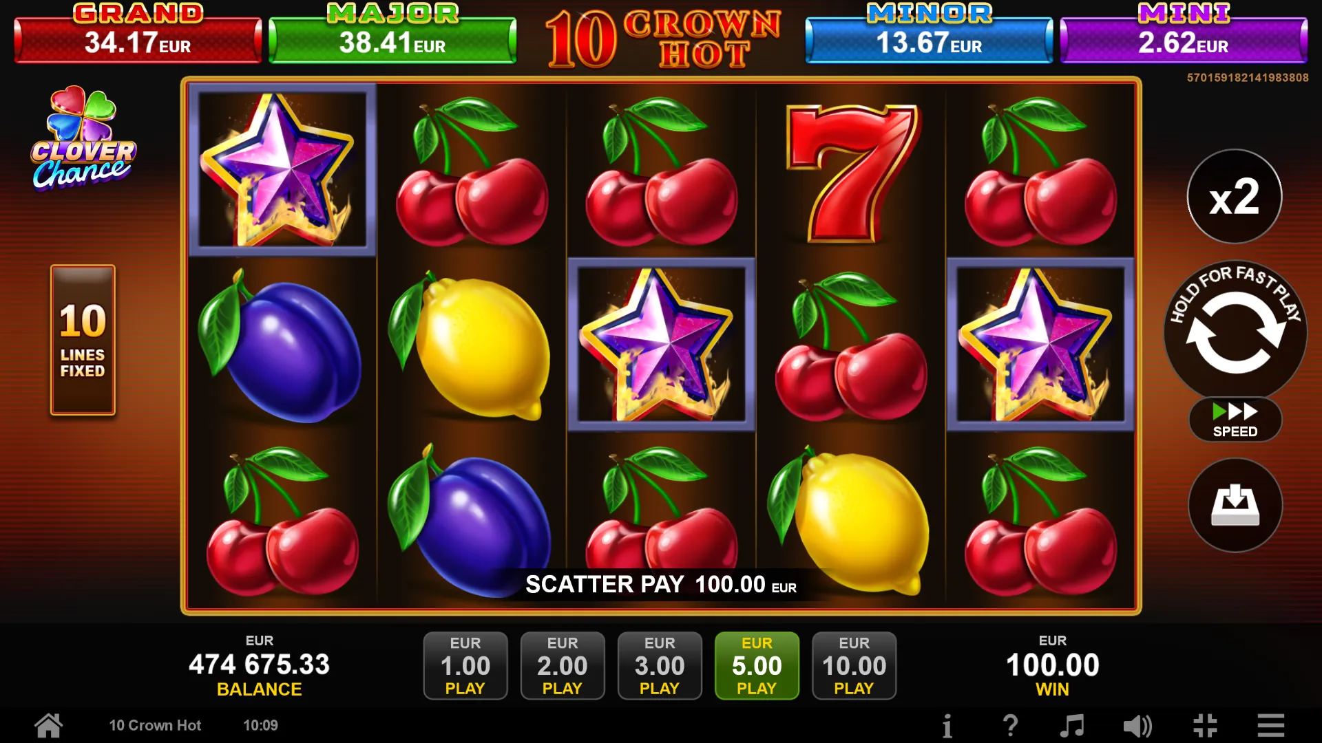 10 Crown Hot: Three burning purple stars, on the first, third and fifth reels, sit in...