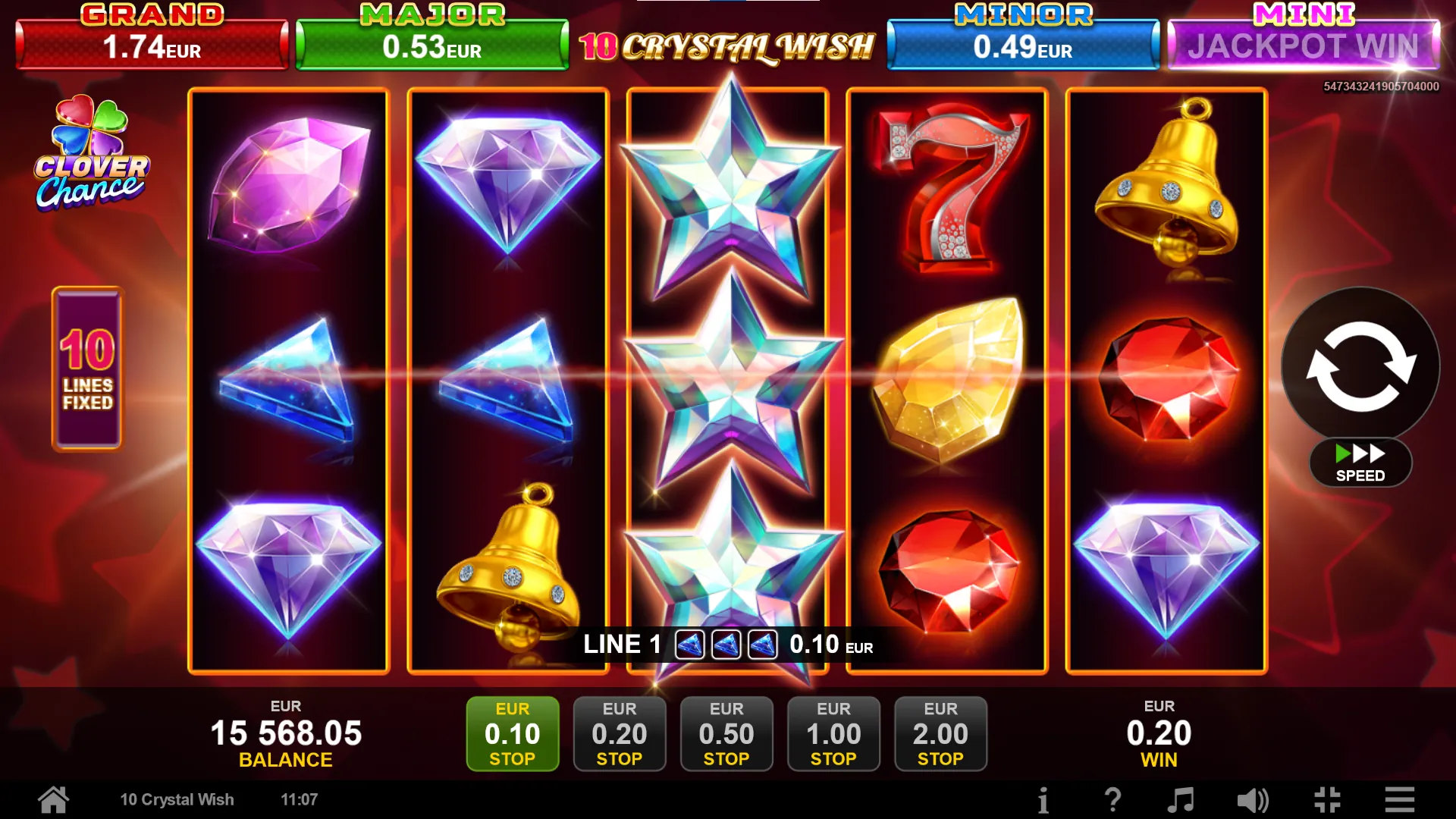 10 Crystal Wish: Crystal stars fill all three rows of reel three, and a red line runs through...