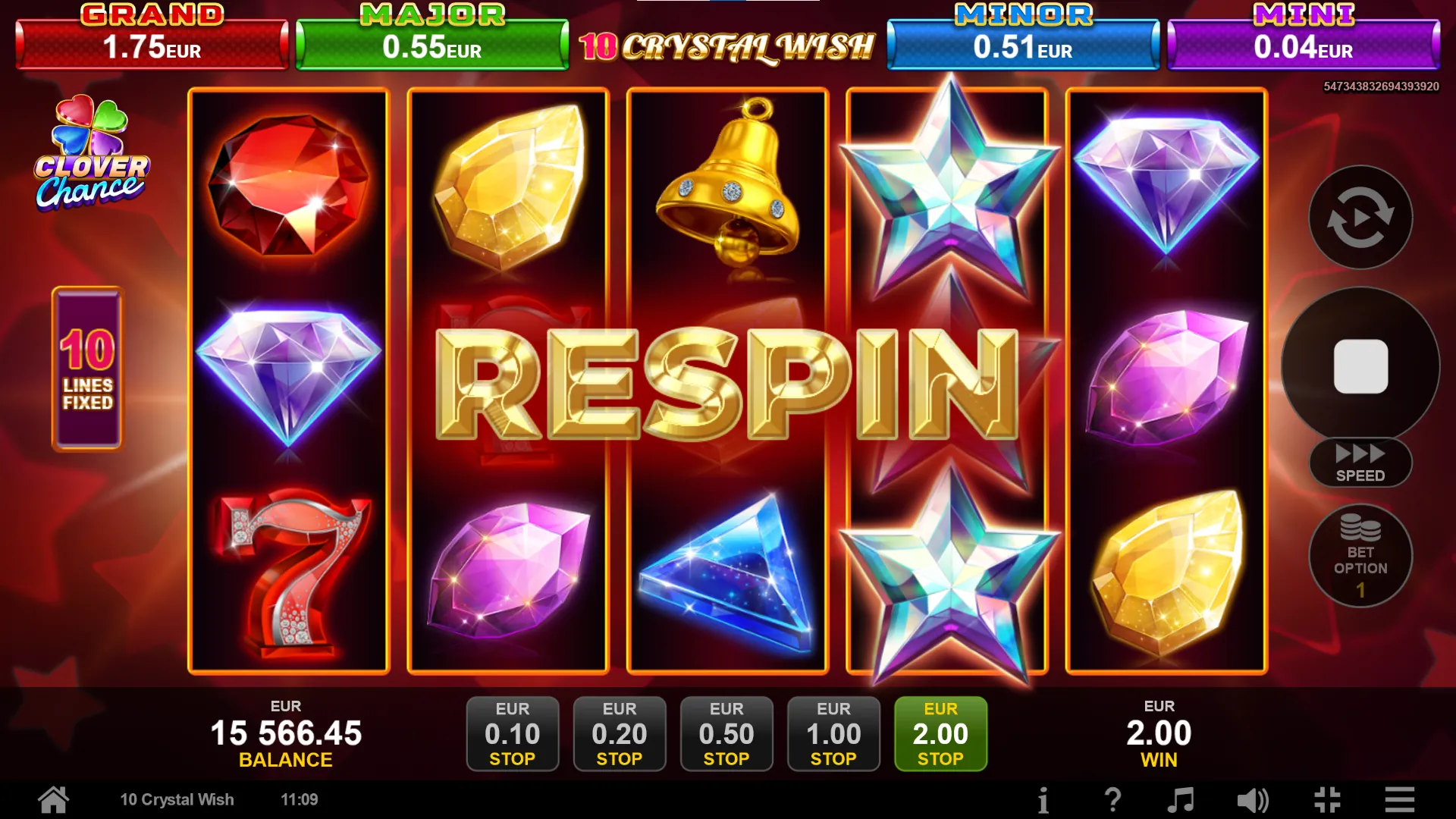 10 Crystal Wish: A large gold RESPIN banner crosses the reels, with crystal stars at the top...
