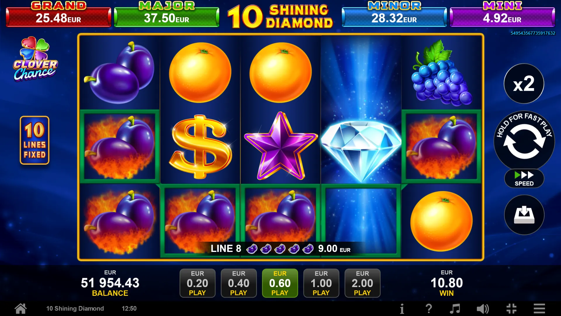 10 Shining Diamond: An expanded diamond fills reel four with a column of blue light, and plums...