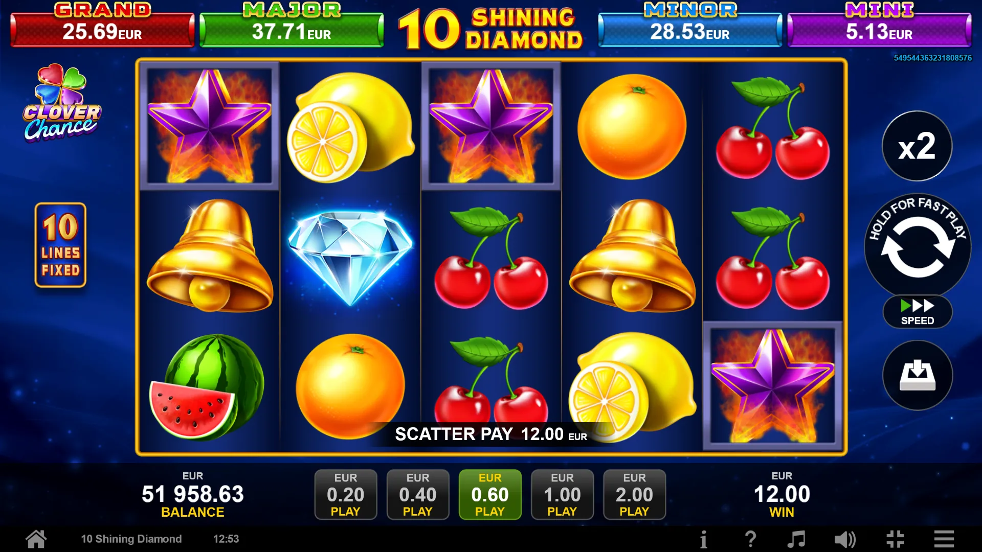 10 Shining Diamond: Three burning purple stars, on the first, third and fifth reels, are framed...