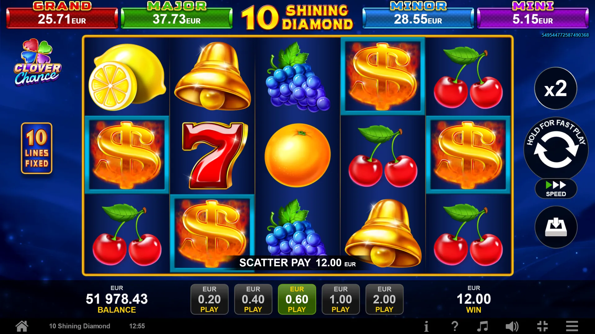 10 Shining Diamond: Four burning gold dollar signs, framed in blue on reels one, two, four and...