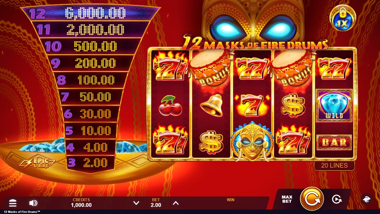 12 Masks of Fire Drums: Gameburger's base-game screenshot on a 2.00 bet: the Epic Strike tower on...