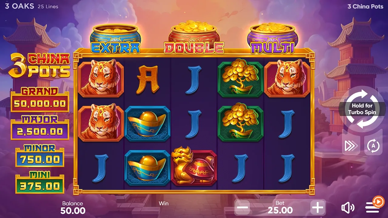 3 China Pots: The base game at a bet of 25.00: five reels of three with tigers, gold...