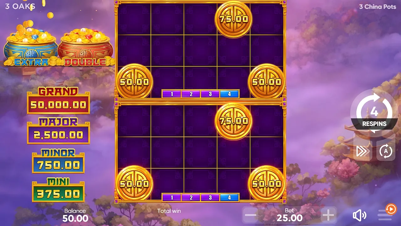 3 China Pots: The bonus game with the EXTRA and DOUBLE pots at top left: two boards, each...