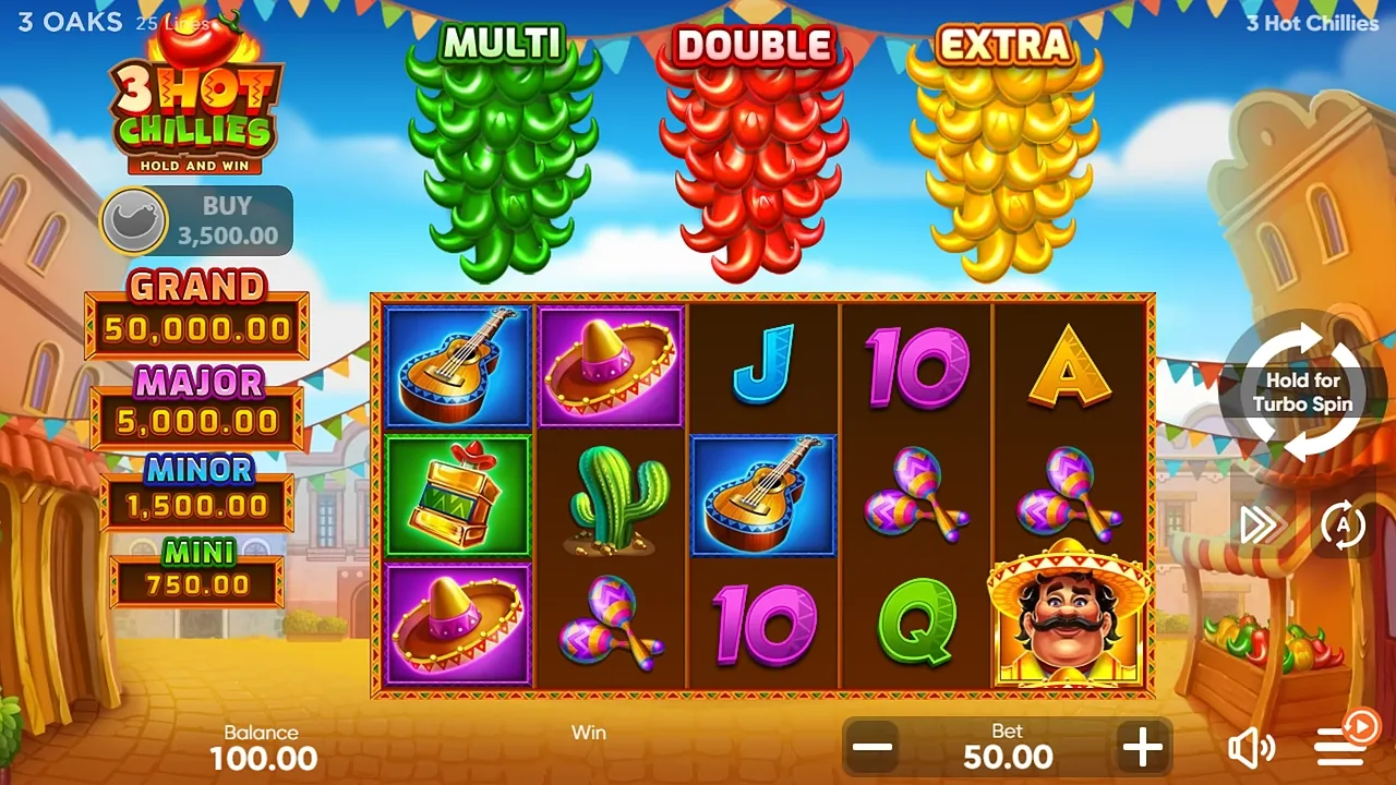 3 Hot Chillies: The base game at a bet of 50.00: guitars, sombreros, a bottle, a cactus,...