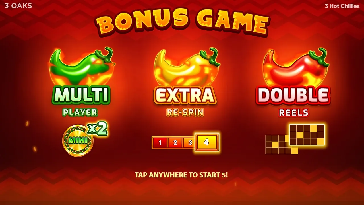 3 Hot Chillies: The BONUS GAME start screen with all three features: a green MULTI chilli...