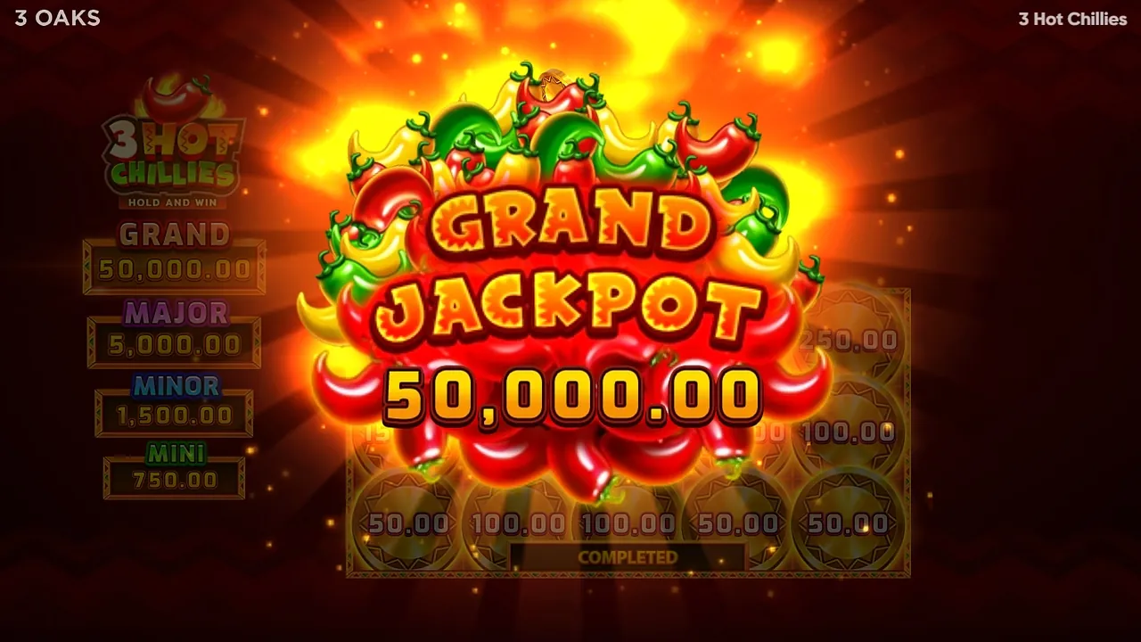 3 Hot Chillies: A GRAND JACKPOT banner reading 50,000.00 over a board of coins showing...