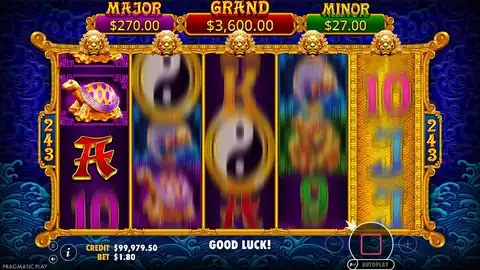 5 Lions Gold: The same spin in motion: the reels stop one after another, two gold lion...