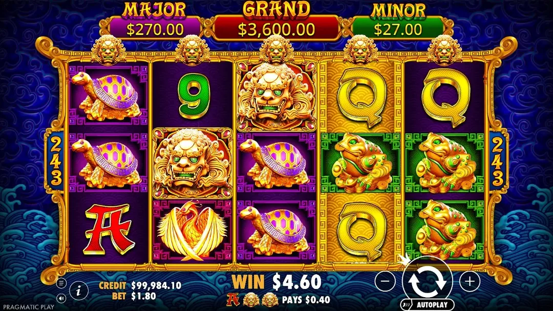 5 Lions Gold: A win in Pragmatic Play's free demo at a $1.80 bet: the gold lion wild...