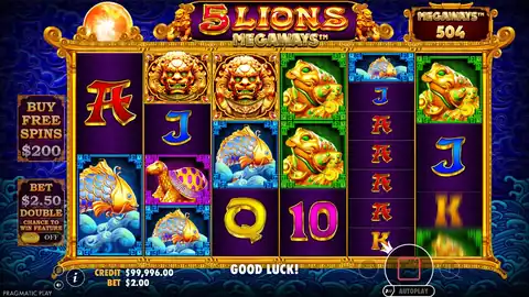 5 Lions Megaways: About five and a half seconds of one spin at 1,512 ways. Two gold lion wilds...