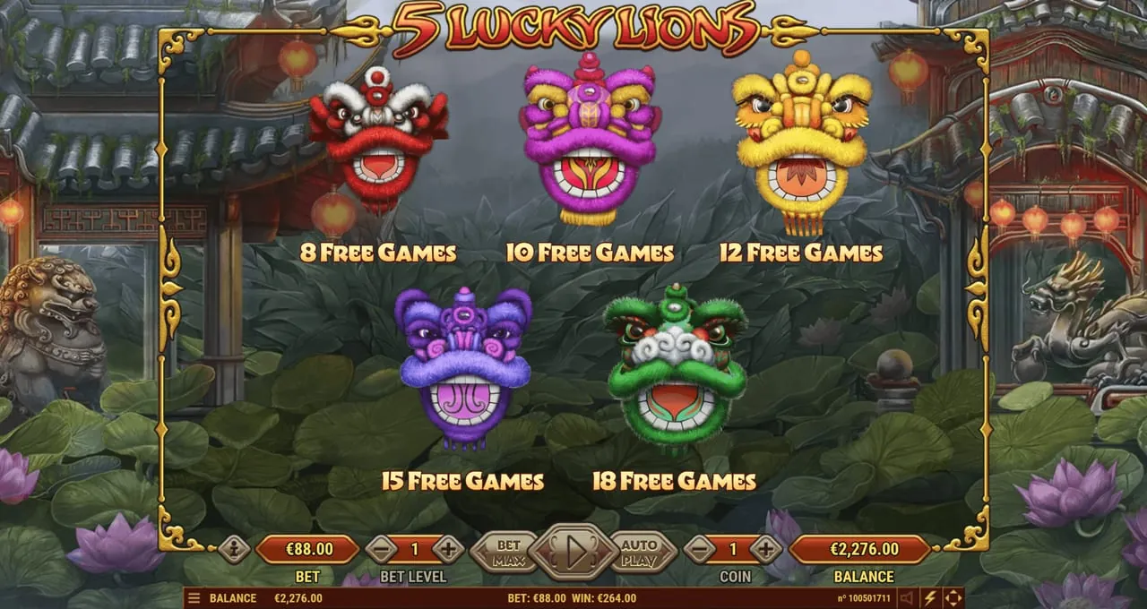 5 Lucky Lions: Habanero's shot of the lion pick: five lion heads on a courtyard background,...