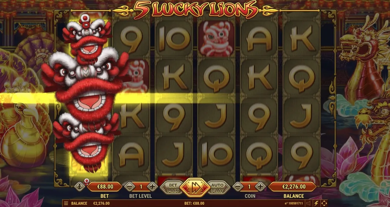 5 Lucky Lions: A free game in Habanero's shot, with golden figures beside the reels: a...