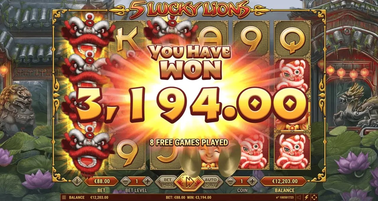 5 Lucky Lions: The end of a free-games round in Habanero's shot: YOU HAVE WON 3,194.00 and...