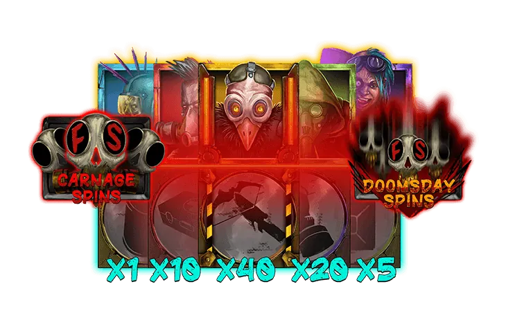 Apocalypse Super xNudge: The studio's card for Carnage Spins and Doomsday Spins: character symbols on...
