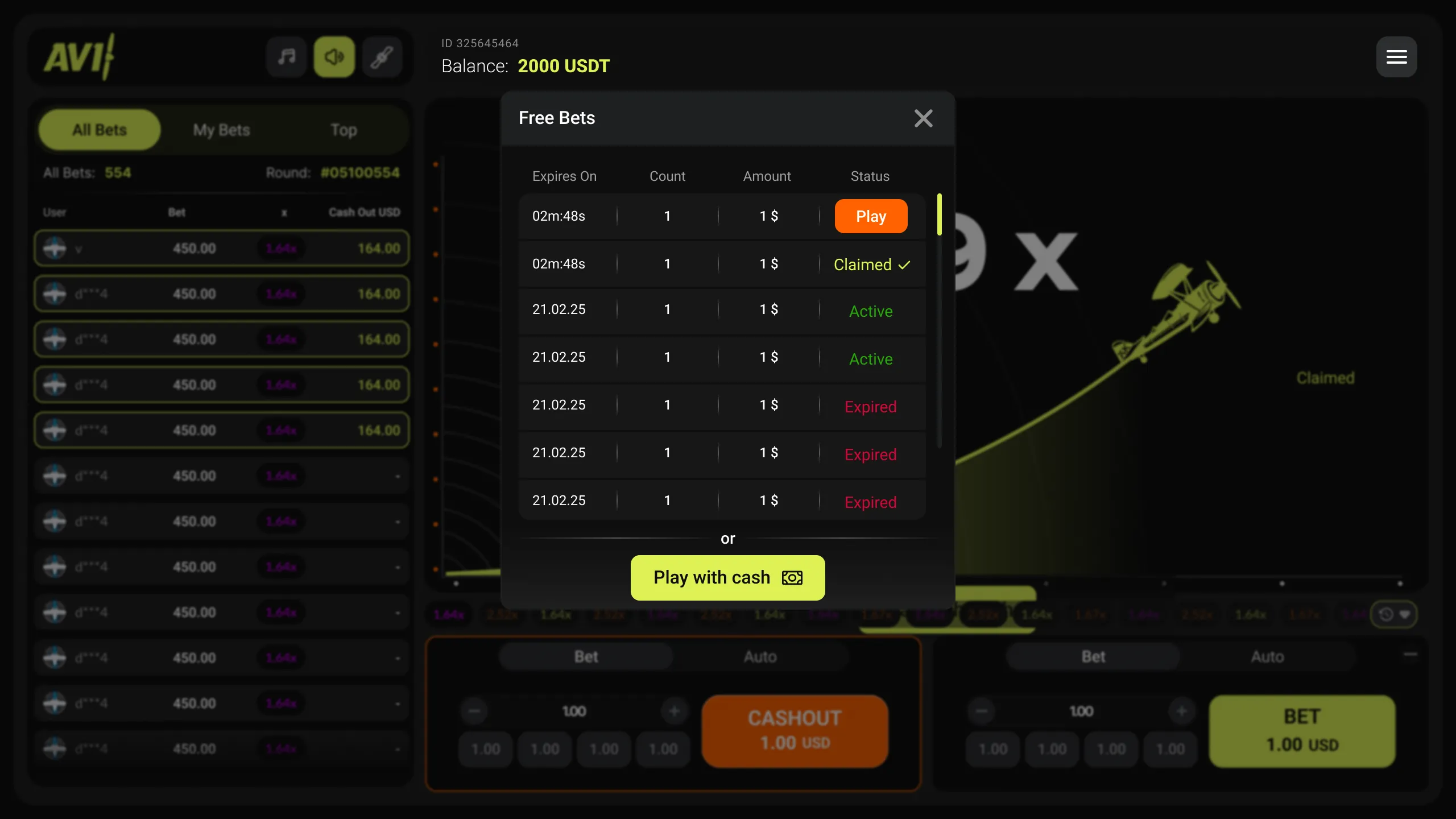 Avi: The Free Bets window in the studio's screenshot: rows of 1 $, each with an...