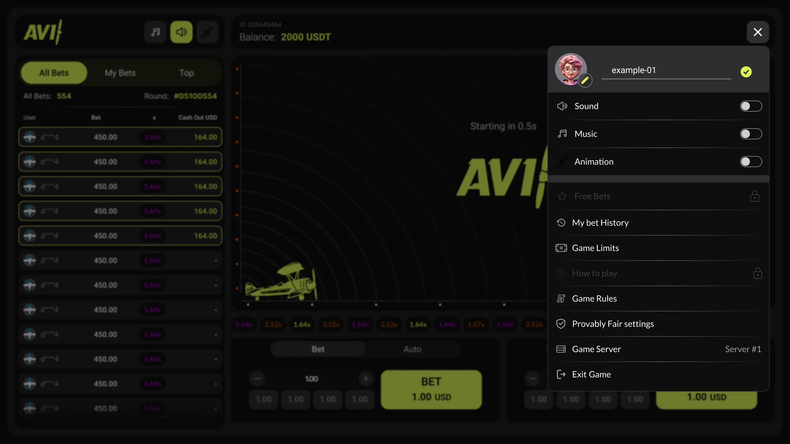Avi: The game menu in the studio's screenshot: Sound, Music and Animation...