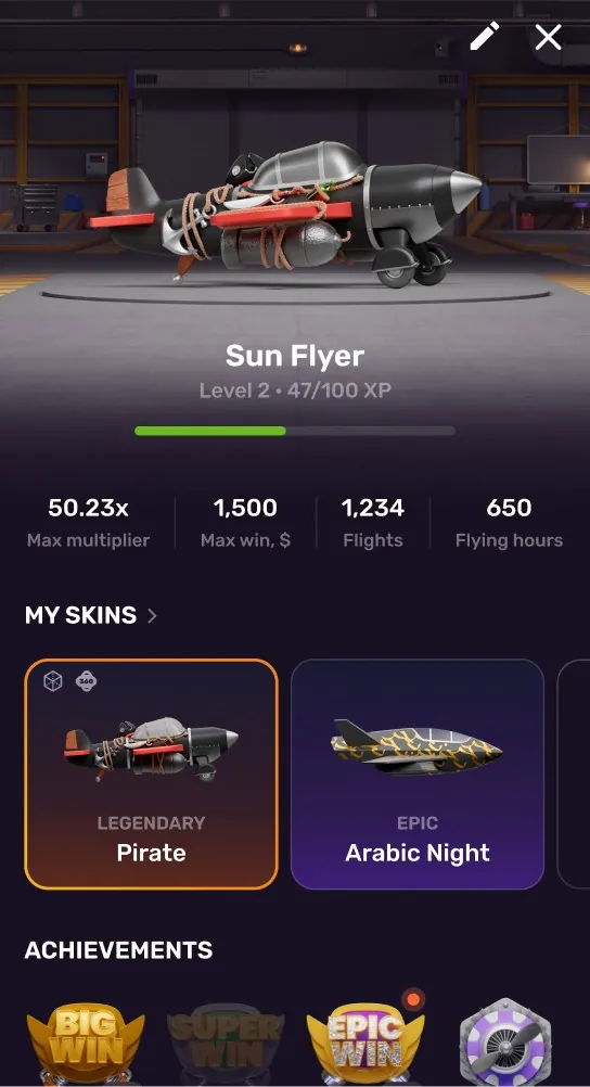 Aviatrix: The plane profile in the studio's screenshot: Sun Flyer at level 2 with 47...
