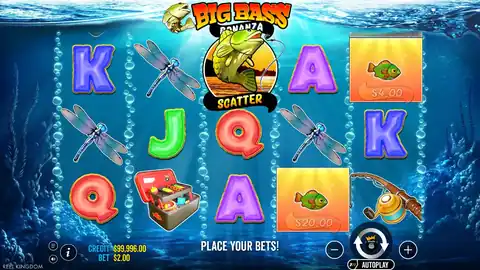 Big Bass Bonanza: A base-game spin from the official demo: the reels stop with five money fish...