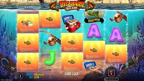 Big Bass Splash: One base-game spin at a $2.00 bet, about five seconds: the reels stop left...