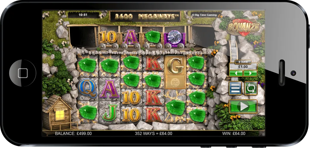 Bonanza: Big Time Gaming's own screenshot of the base game on a phone: 3600 MEGAWAYS...