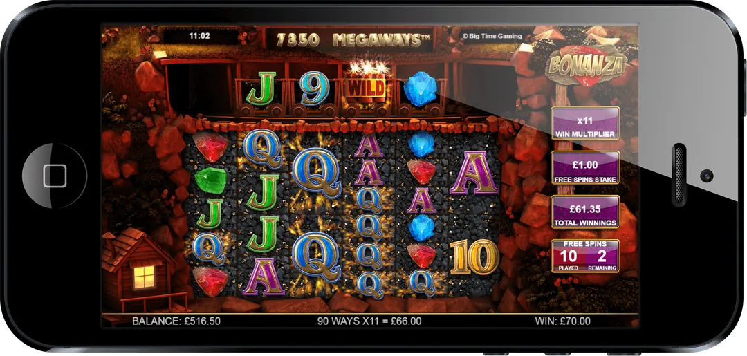 Bonanza: The free spins on a red mine background in the studio's screenshot: a...