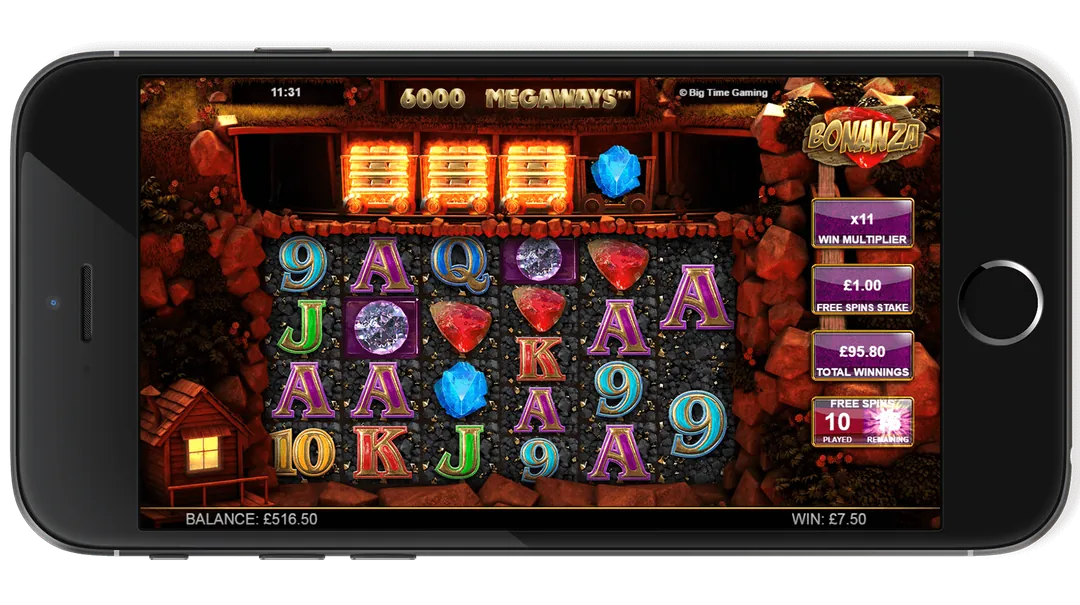 Bonanza: Another of Big Time Gaming's screenshots from the free spins: three glowing...
