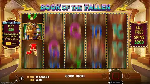 Book of the Fallen: The same spin in motion: the five reels stop one after another, the three...
