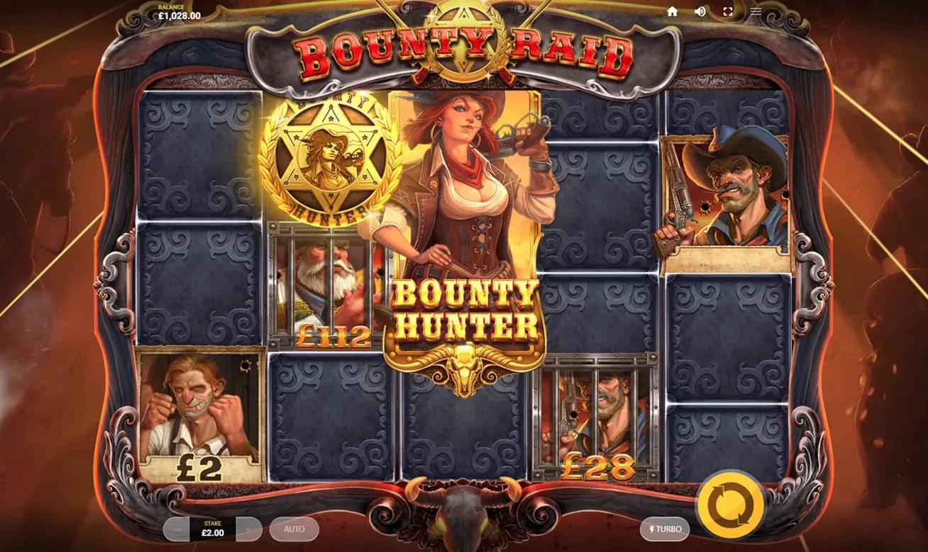 Bounty Raid: Red Tiger's own screenshot at a £2.00 stake: a tall figure labelled BOUNTY...