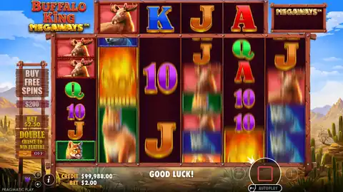 Buffalo King Megaways: About six seconds of one spin. The reels settle at 6,912 ways, and moose on...
