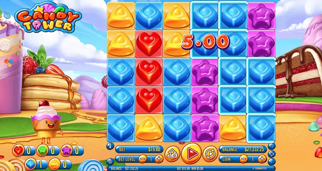 Candy Tower: Habanero's shot of a base-game win: a group of blue candies, nine by our...