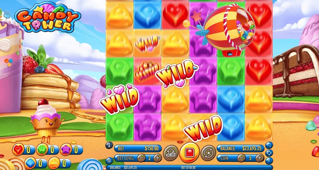 Candy Tower: A striped candy airship over the top right of the grid and several WILD...