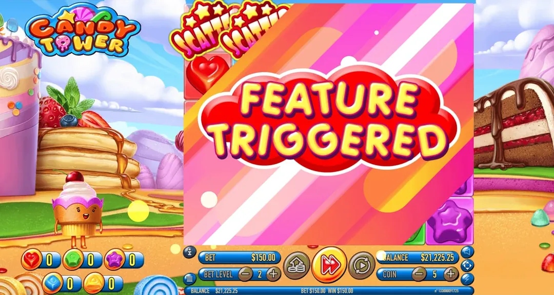 Candy Tower: FEATURE TRIGGERED in yellow letters on a red cloud across the grid, with two...