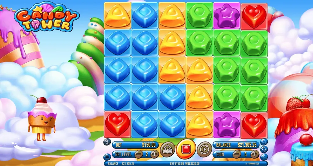 Candy Tower: Habanero's feature-game shot under a sky of clouds, with no counters on...
