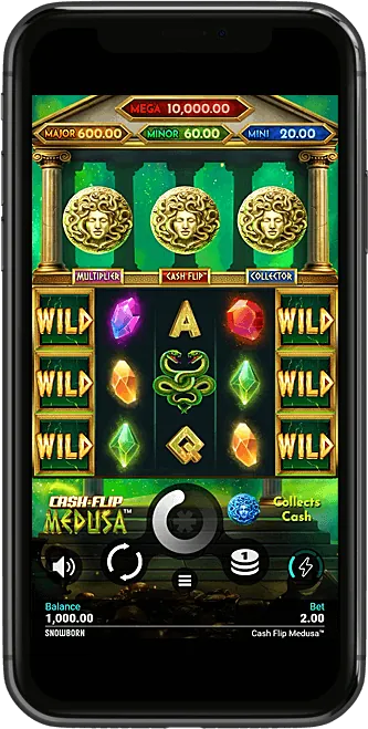 Cash Flip Medusa: Snowborn's phone screenshot of the base game: three gold Medusa coins in the...