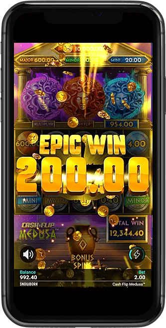 Cash Flip Medusa: An EPIC WIN count running over the filled bonus grid, with gold coins flying...