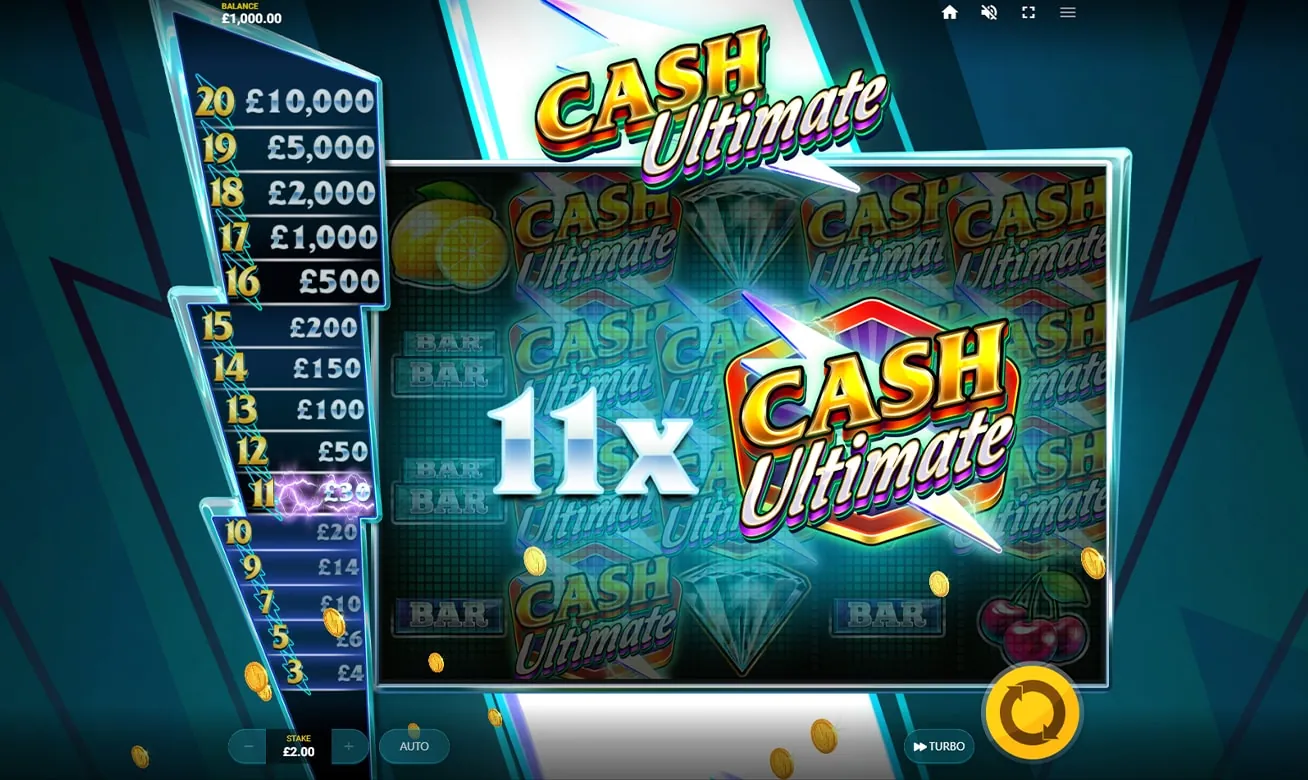 Cash Ultimate: Red Tiger's own screenshot at a £2 stake: the reels dimmed behind a large...