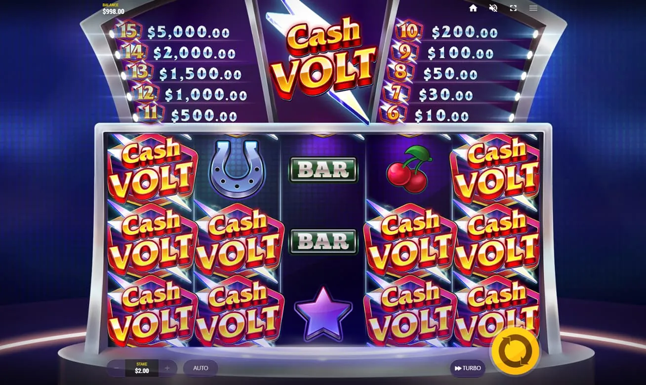 Cash Volt: Red Tiger's own screenshot of Cash Volt at a $2 stake: ten single Cash Volt...