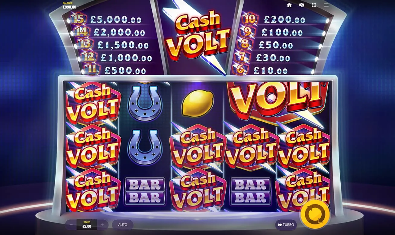 Cash Volt: Red Tiger's own screenshot at a £2 stake. The two boards above the reels...