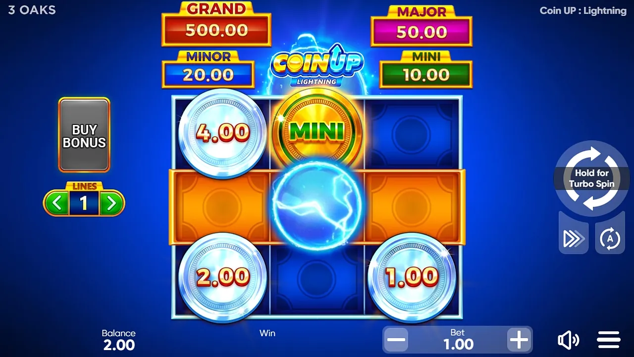 Coin UP: Lightning: The main game at a bet of 1.00 with LINES set to 1: coins of 4.00, 2.00 and...
