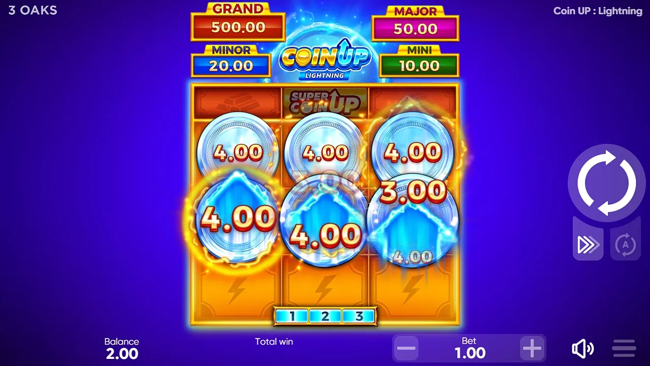 Coin UP: Lightning: A bonus round in progress: SUPER COIN UP in the row above the reels, coins...