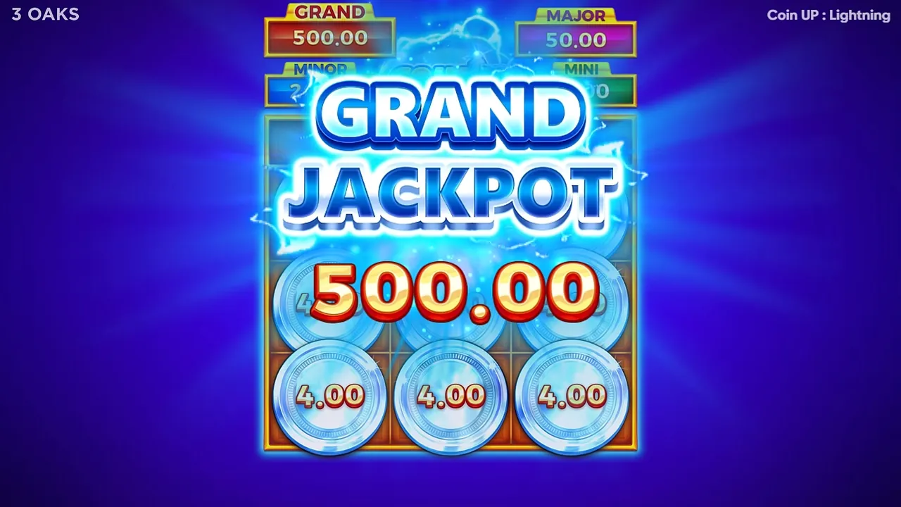 Coin UP: Lightning: A GRAND JACKPOT banner reading 500.00 over a grid of coins, the visible ones...