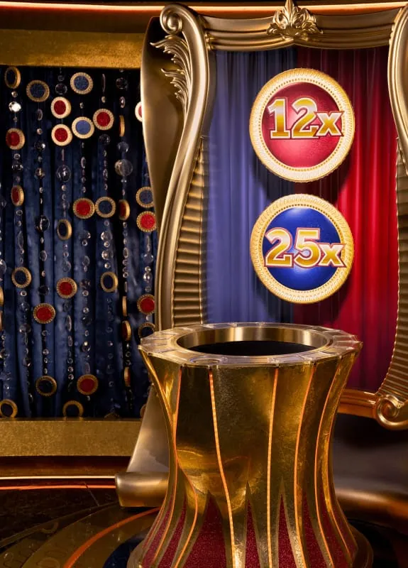 Crazy Coin Flip: Evolution's close-up of a gold, hourglass-shaped stand, with a red coin...