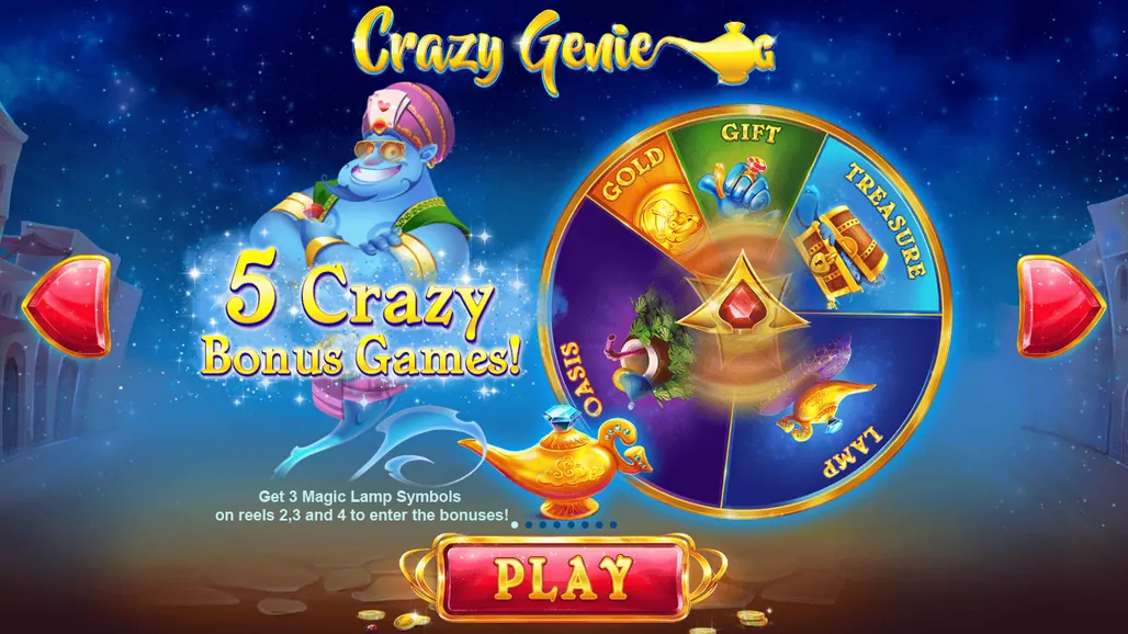 Crazy Genie: Red Tiger's intro screen '5 Crazy Bonus Games!': a wheel split into Gold,...