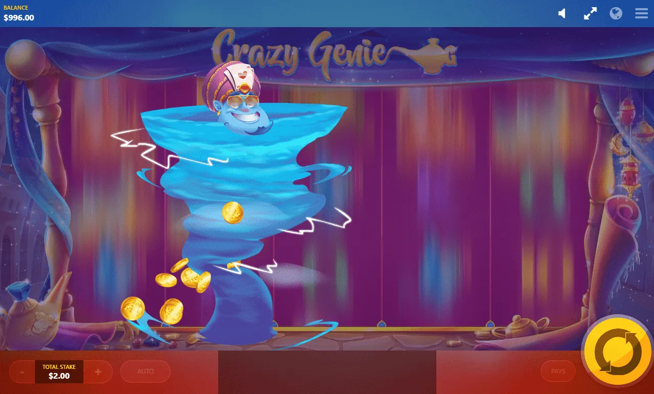 Crazy Genie: Red Tiger's own screenshot with a $996.00 balance and a $2.00 total stake:...