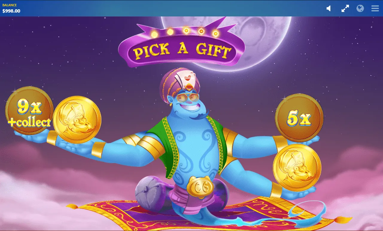 Crazy Genie: Red Tiger's own screenshot of 'Pick a Gift': the genie on a flying carpet...