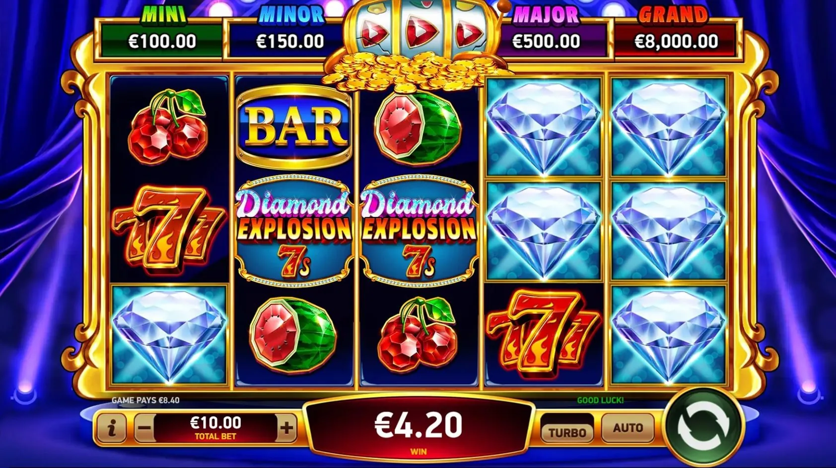 Diamond Explosion 7s: RubyPlay's shot of the base game: six diamonds on reels 1, 4 and 5 by our...