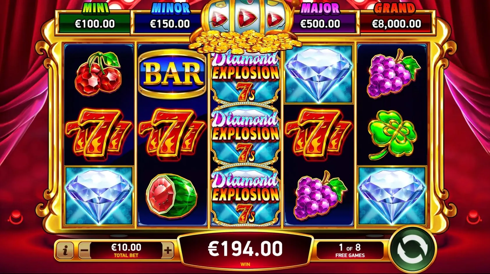 Diamond Explosion 7s: A free game in RubyPlay's shot, 1 OF 8 FREE GAMES: reel 3 is filled with...