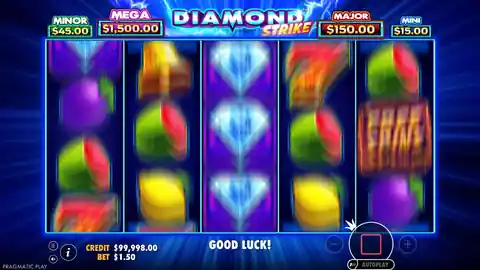 Diamond Strike: One spin at a $1.50 bet, about ten seconds: the reels stop left to right...